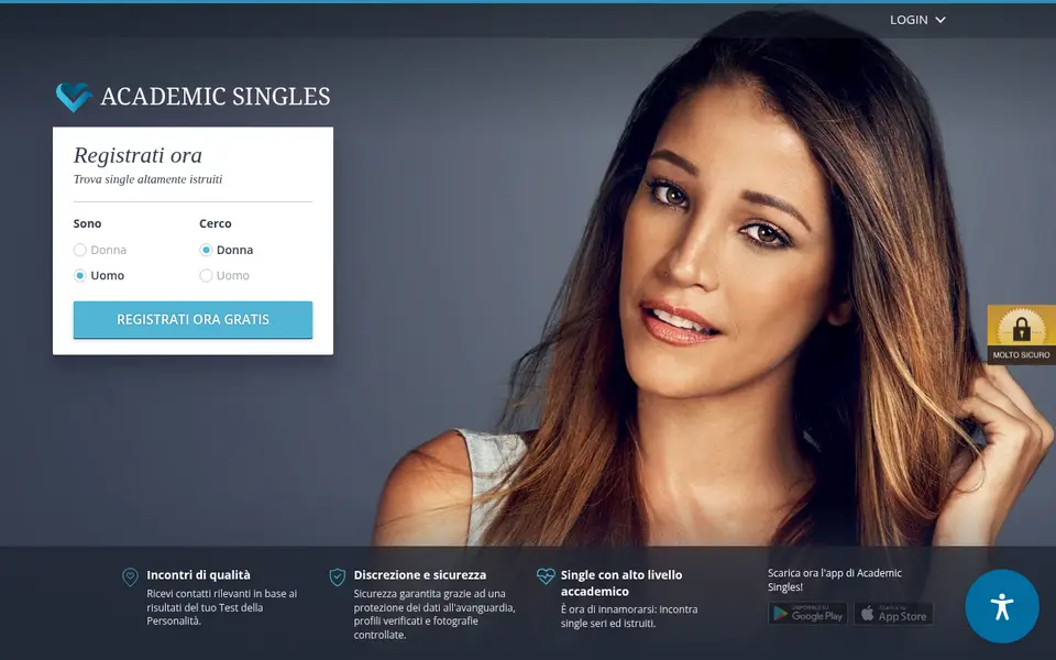 Recensione Academic Singles: home page con il modulo per trovare single istruiti