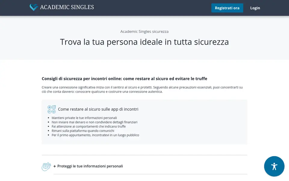 Recensione Academic Singles: pagina sicurezza con i consigli contro le truffe