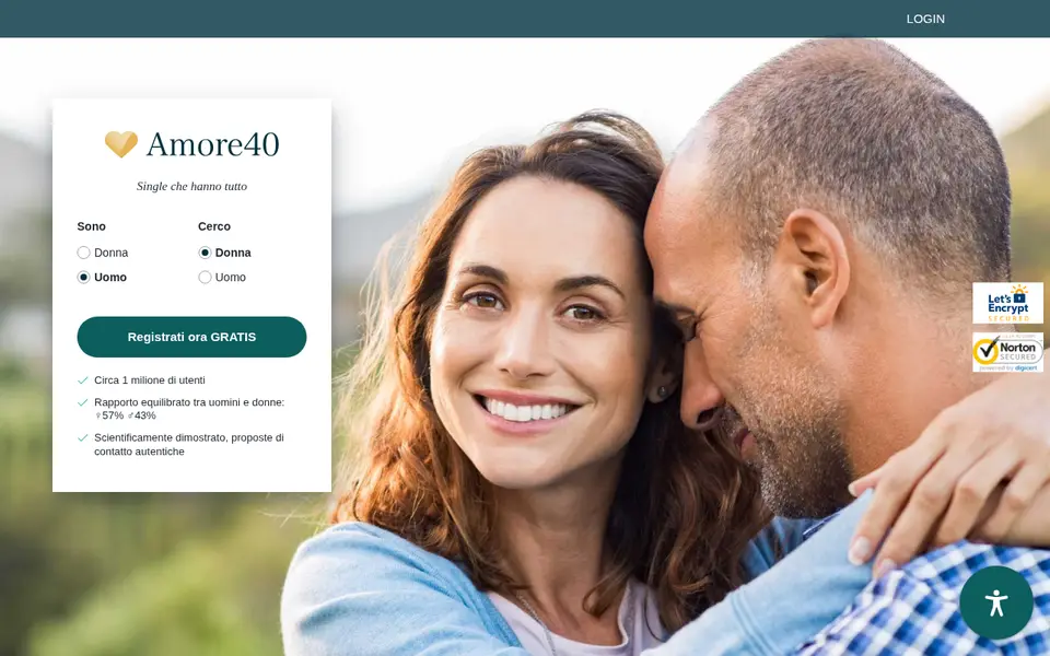 Recensione Amore40: home page di amore40.it con lo slogan Single che hanno tutto e il modulo di iscrizione gratuita