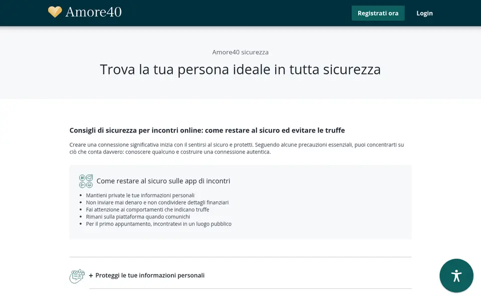 Recensione Amore40: la pagina sicurezza con i consigli per evitare le truffe negli incontri online