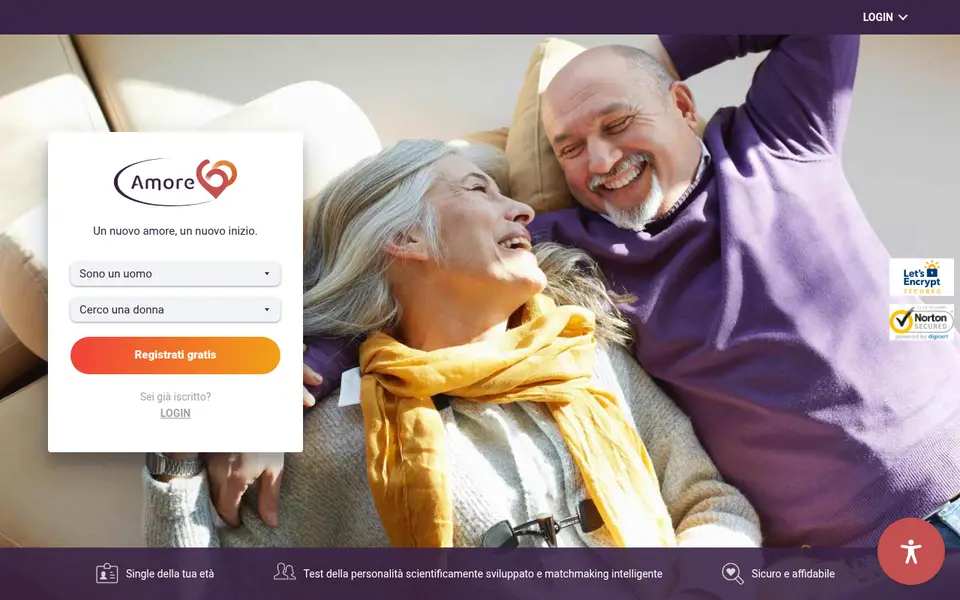 Recensione Amore60: home page di amore60.it con il motto Un nuovo amore, un nuovo inizio e il pulsante Registrati gratis