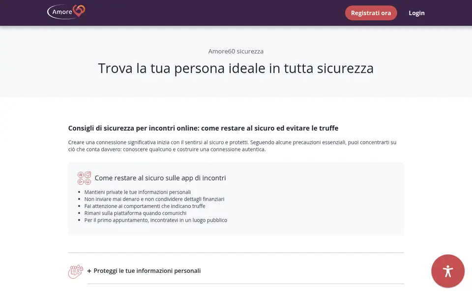 Recensione Amore60: la pagina sicurezza con i consigli per incontri online senza truffe