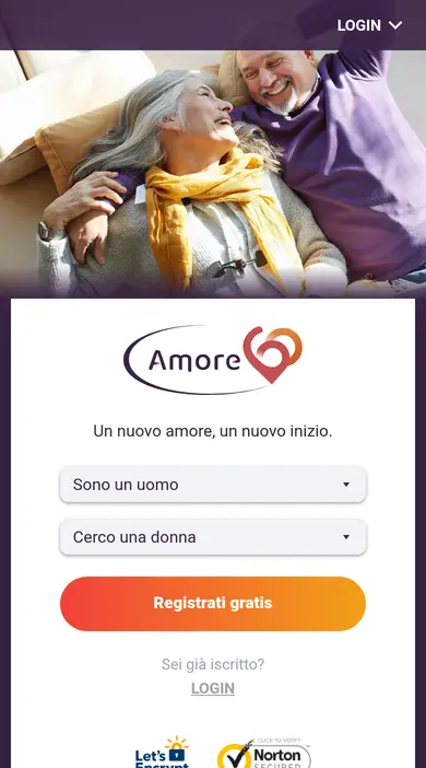 Recensione Amore60 sul telefono: la home mobile di amore60.it con i menu Sono un uomo e Cerco una donna
