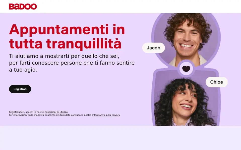 Recensione Badoo: home page italiana di badoo.com con il titolo «Appuntamenti in tutta tranquillità» e il pulsante Registrati