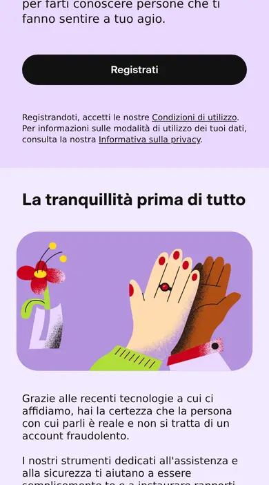 Sito di Badoo sullo smartphone con la sezione «La tranquillità prima di tutto» sui profili reali, per la nostra Recensione Badoo