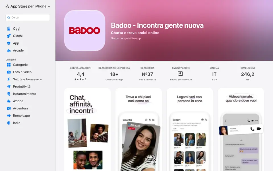Scheda di Badoo - Incontra gente nuova nell’App Store Italia con voto 4,4, età 18+ e 246,2 MB, letta per la Recensione Badoo