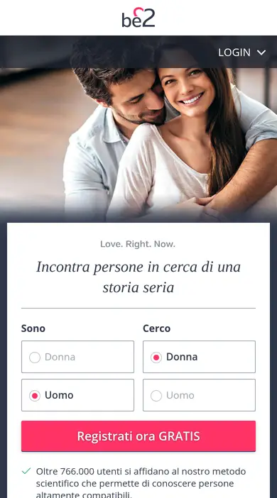 Recensione be2 sullo smartphone: iscrizione dal browser con le scelte Sono e Cerco