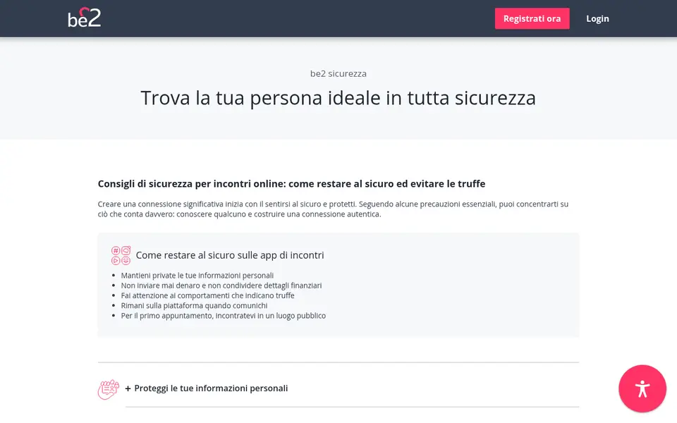 Recensione be2: pagina sicurezza con i consigli per evitare le truffe