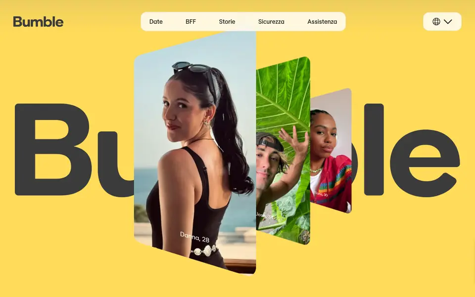 Recensione Bumble: home page italiana di bumble.com con il menu Date, BFF, Storie, Sicurezza e Assistenza