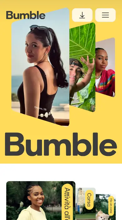 Home page di Bumble vista dallo smartphone, con il pulsante per scaricare l’app, per la nostra Recensione Bumble