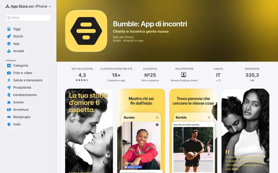 Scheda di Bumble: App di incontri nell’App Store Italia con voto 4,3, età 18+ e 335,3 MB, letta per la Recensione Bumble