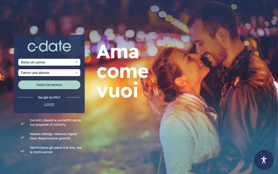 Recensione C-Date: home page di c-date.it con lo slogan «Ama come vuoi» e il modulo di registrazione