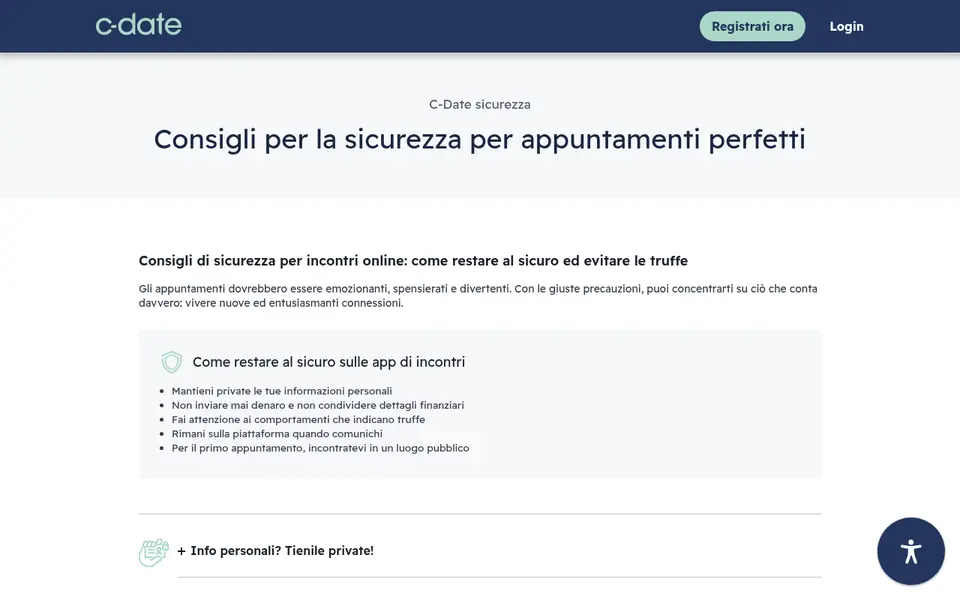 Recensione C-Date: la pagina sicurezza di c-date.it con i consigli per evitare le truffe