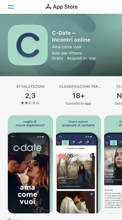 Recensione C-Date sullo smartphone: l'app nell'App Store Italia con le schermate delle proposte di contatto e di un profilo