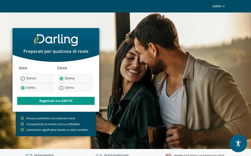 Recensione eDarling: home page di edarling.it con la registrazione gratuita