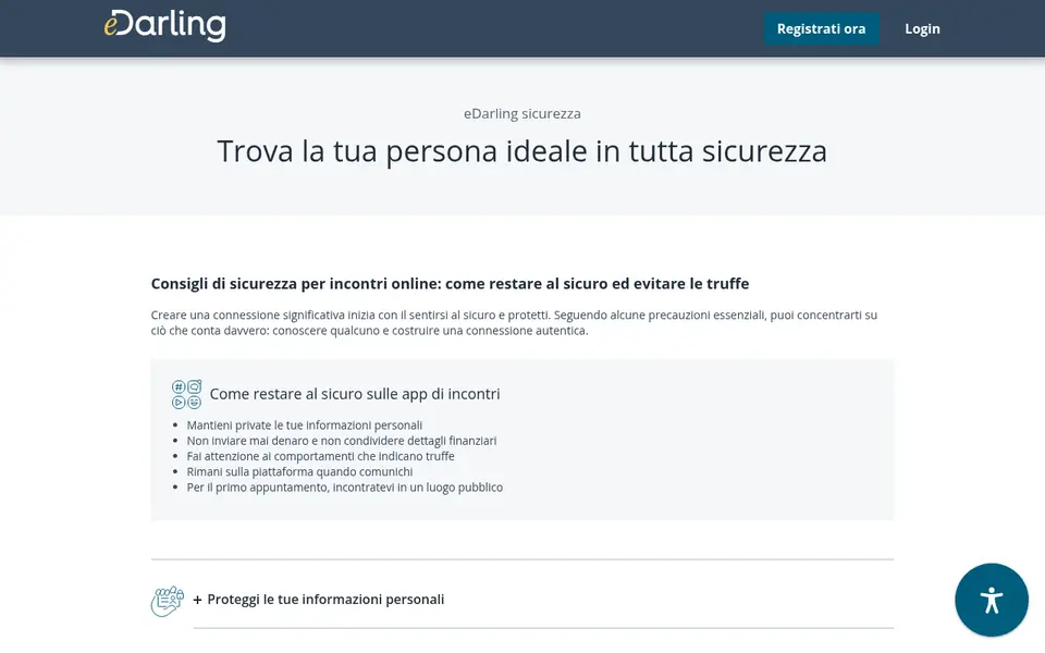 Recensione eDarling: pagina sicurezza con i consigli contro le truffe