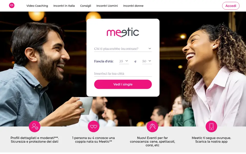 Recensione Meetic: home page di meetic.it con la ricerca dei single per età e città