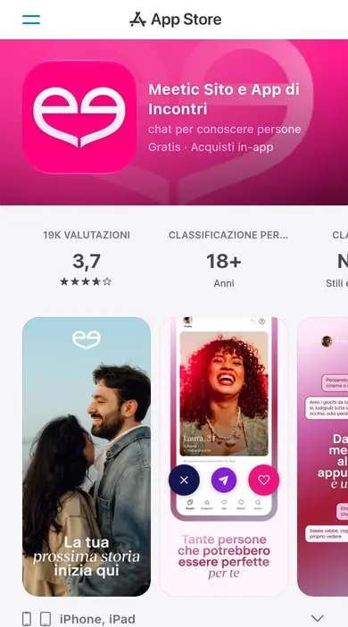 Recensione Meetic sullo smartphone: l'app Meetic Sito e App di Incontri nell'App Store Italia con 3,7 stelle
