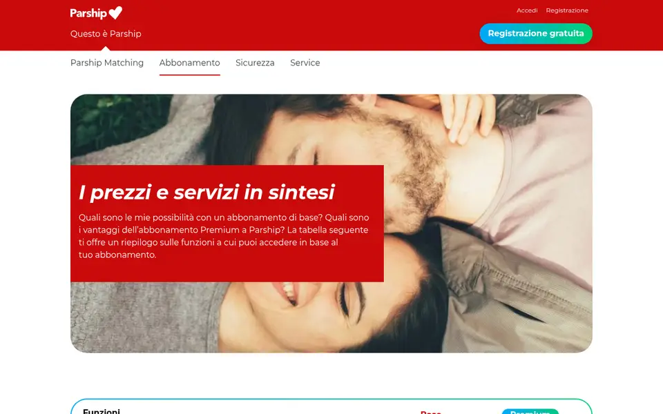 Recensione Parship: la pagina prezzi e servizi di parship.it che confronta abbonamento di base e Premium