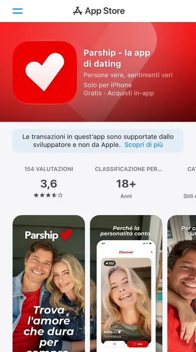 Recensione Parship sullo smartphone: l'app Parship - la app di dating nell'App Store Italia con 3,6 stelle su 154 valutazioni
