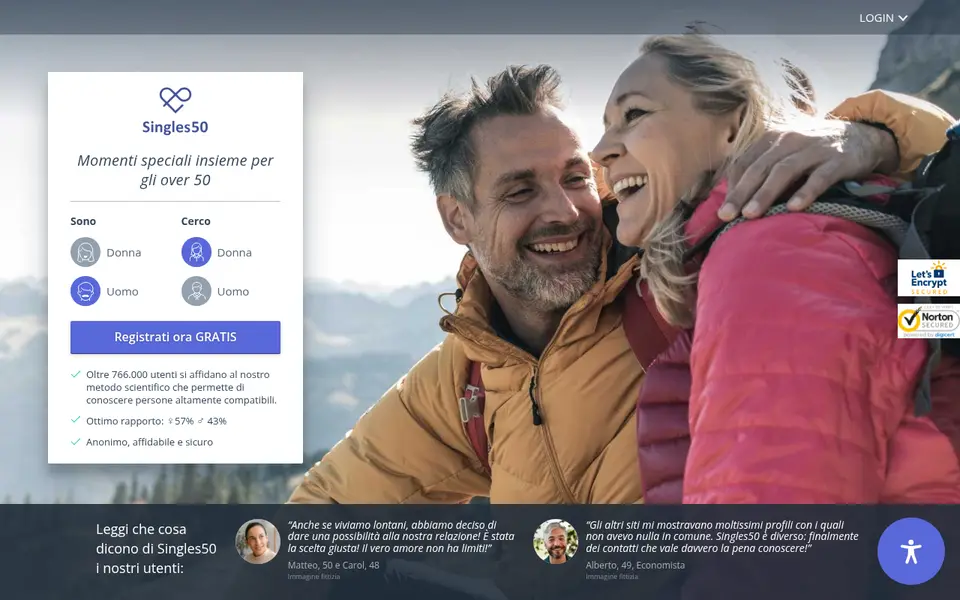 Recensione Singles50: home page di singles50.it con il modulo di iscrizione gratuita per single over 50