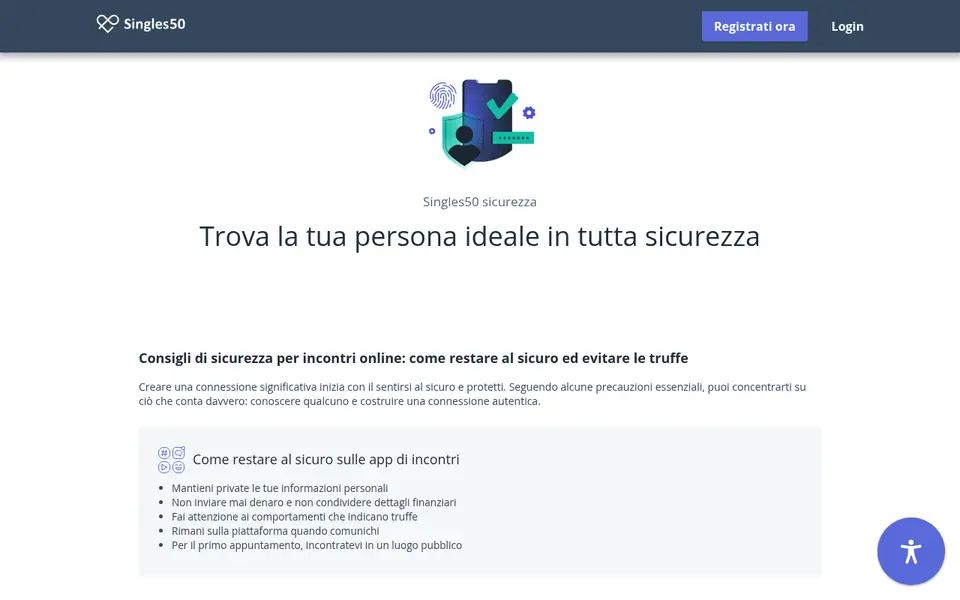 Recensione Singles50: la pagina sicurezza di singles50.it con i consigli per gli incontri online