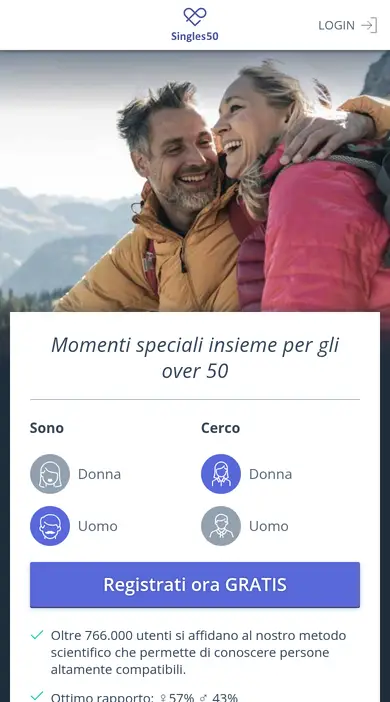 Recensione Singles50 su smartphone: la versione mobile di singles50.it con la scelta Sono e Cerco