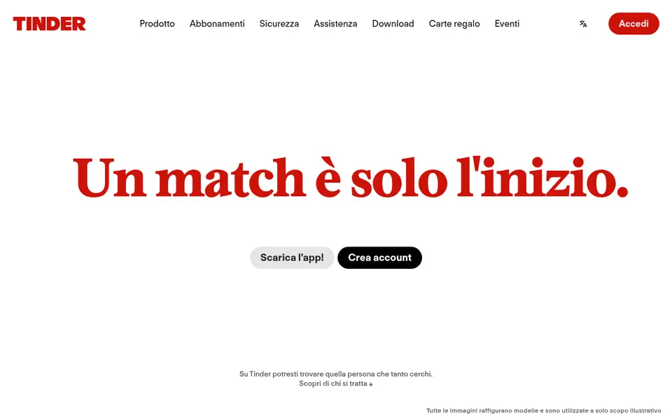 Recensione Tinder: home page di tinder.com in italiano con lo slogan «Un match è solo l’inizio» e il pulsante Crea account