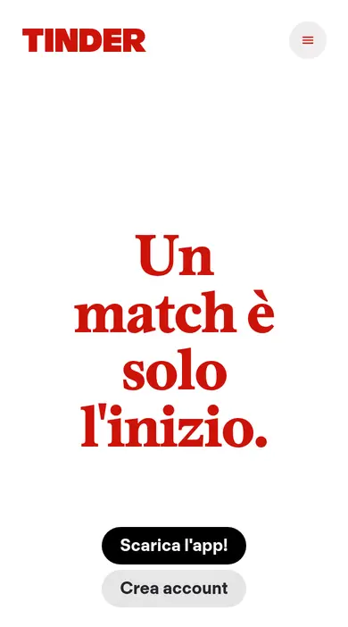 Home page di Tinder vista dallo smartphone, con i pulsanti Scarica l’app e Crea account, per la nostra Recensione Tinder