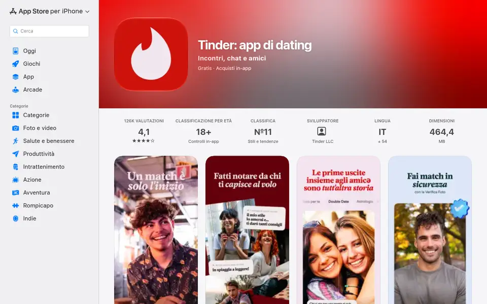 Scheda di Tinder: app di dating nell’App Store Italia con voto 4,1, età 18+ e 464,4 MB, letta per la Recensione Tinder